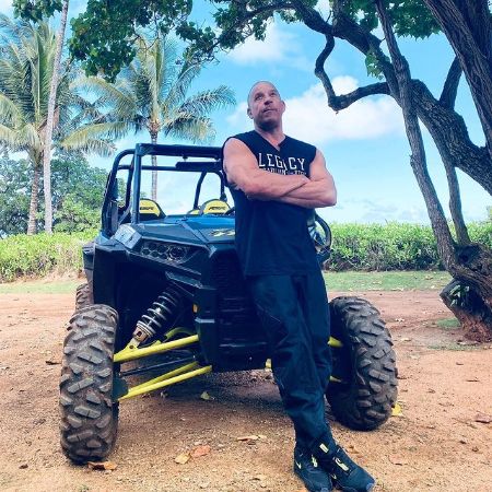 Vin Diesel strikes a pose infront of a vehicle
